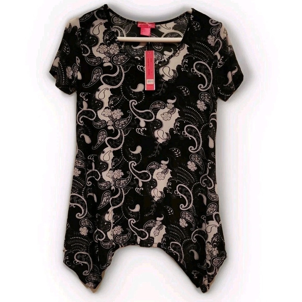 Prestige Edge Tunic Women Small Black Paisley Sharkbite Hem Boho MT400B
